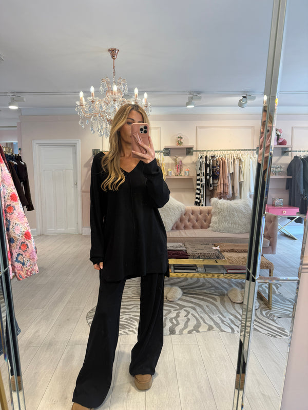 HEATHER V NECK KNITTED TROUSER SET BLACK