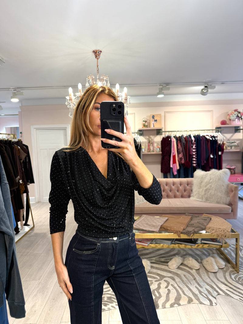 EFFIE CRYSTAL COWL NECK TOP BLACK