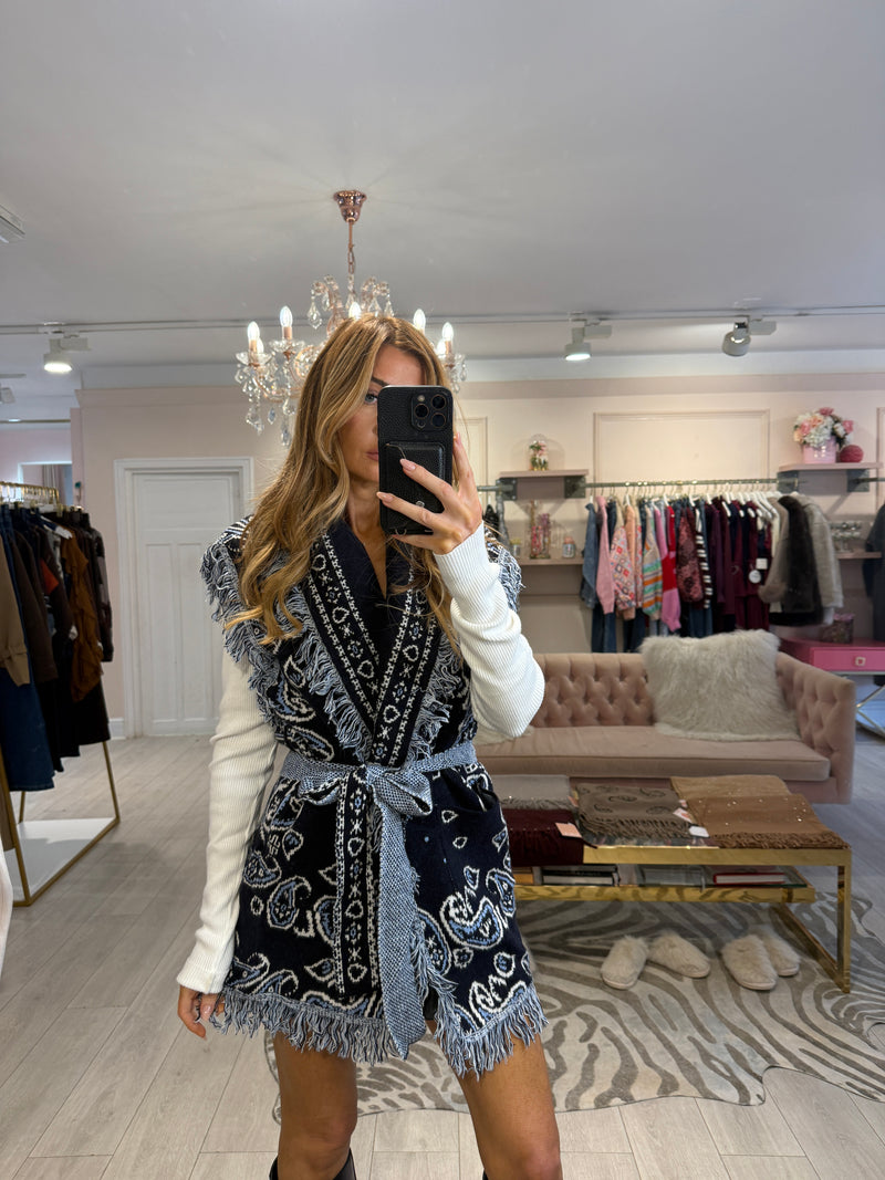 IVY PATTERNED FRINGE CARDIGAN NAVY