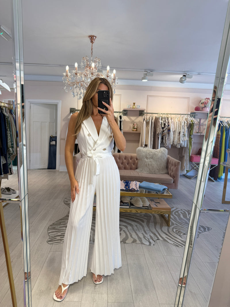 CHLOE PLEATED WIDE LEG BLAZER JUMPSUIT WHITE