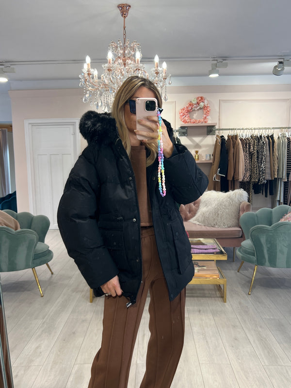 FAUX FUR HOODED PUFFER JACKET BLACK