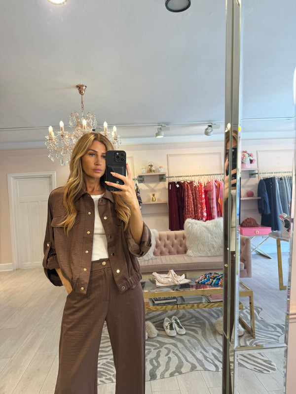 IMOGEN SATIN FINISH JACKET & TRS SET BROWN