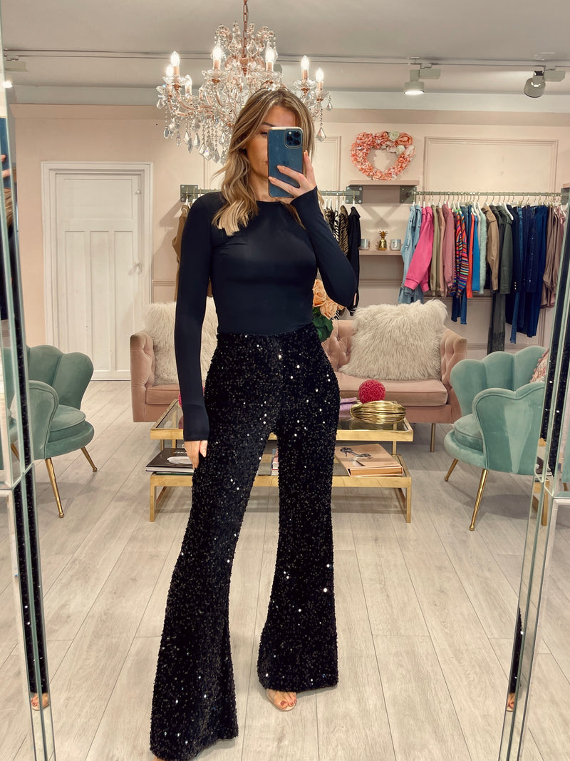 TARA BLACK VELVET SEQUIN TROUSERS