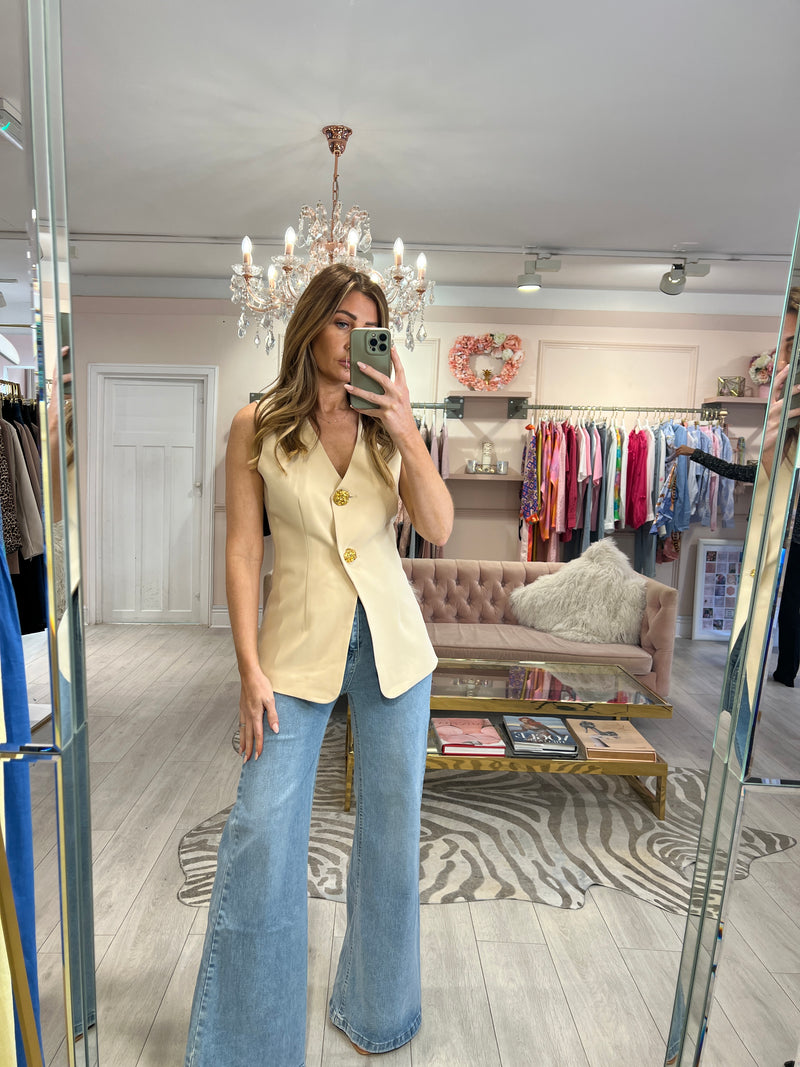 TIFFANY GOLD BUTTON TAILORED WASTCOAT BEIGE