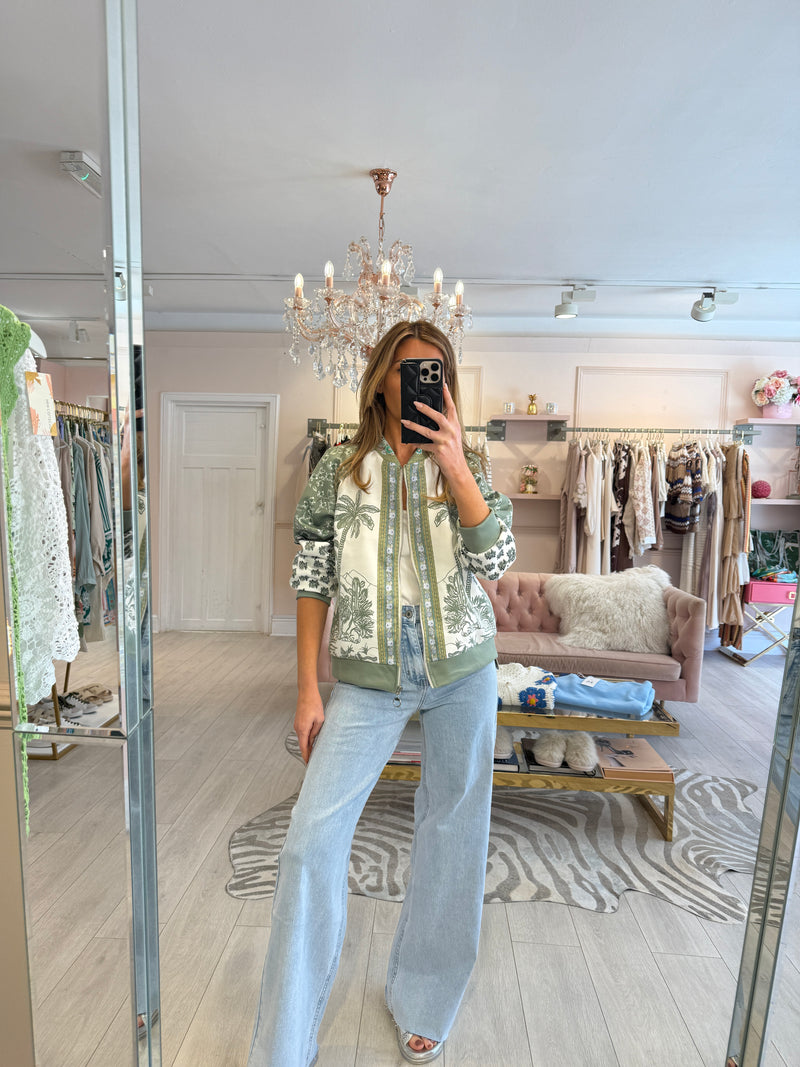 PALM TREE PRINT BOMBER GREEN JACKET