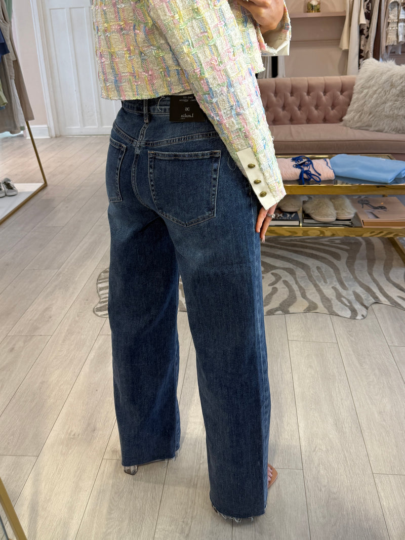 CHER RAW HEM DARK WASH JEANS