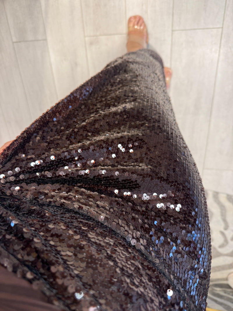 GABRIELLA SIDE SPLIT SEQUIN MAXI SKIRT BROWN