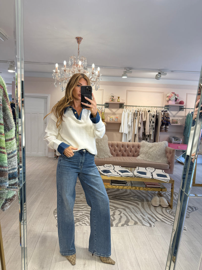 RIRI DENIM TRIM JUMPER CREAM