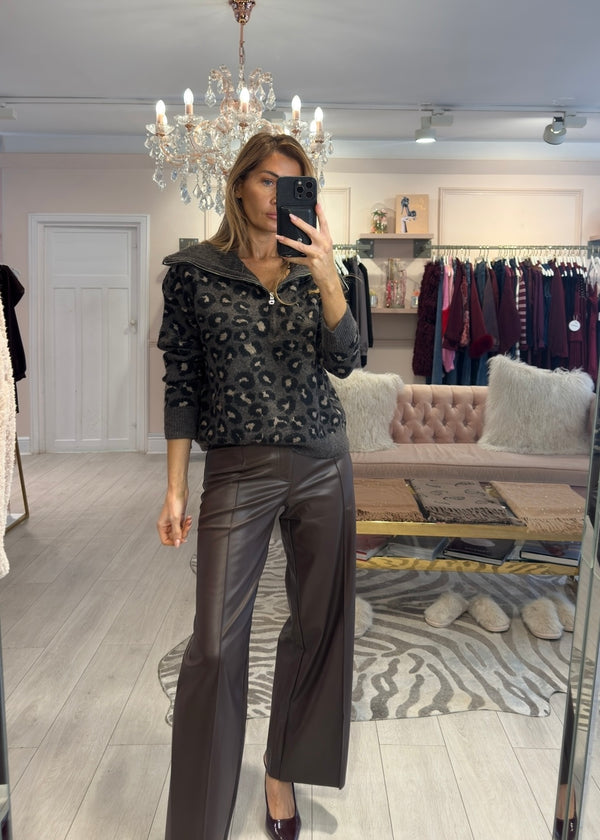AMINA LEOPARD 1/4 ZIP JUMPER GREY