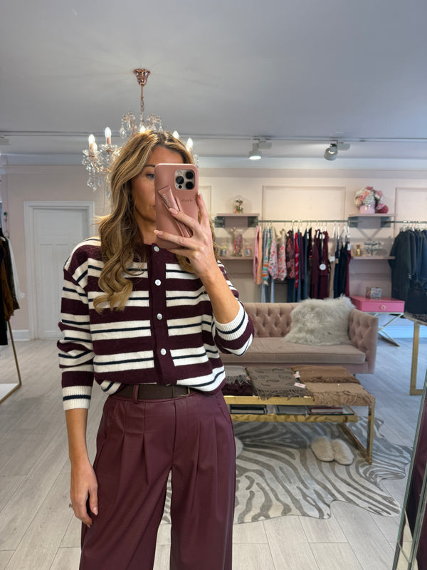 CLAUDIA STRIPE KNIT CARDIGAN BURGUNDY