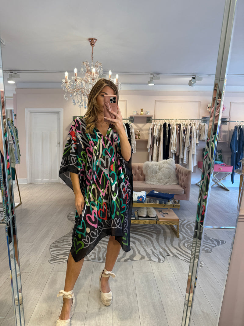 LORA HEART PRINT KAFTAN BLACK