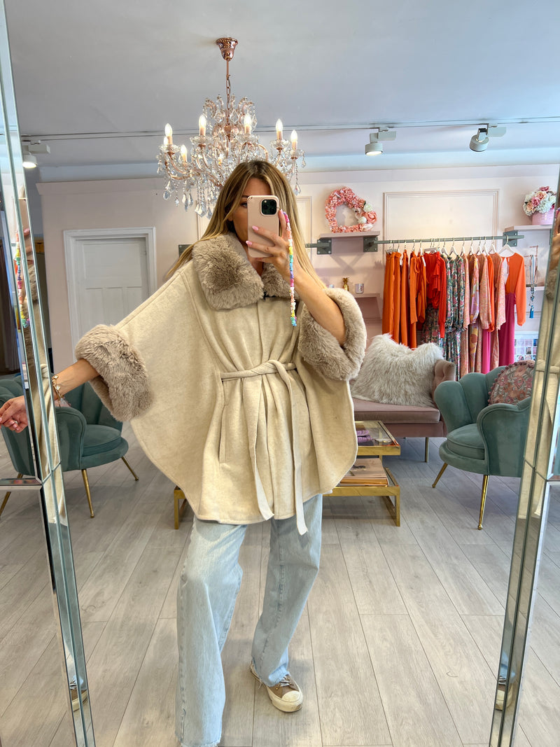 KELLY FAUX FUR TRIM CAPE COAT