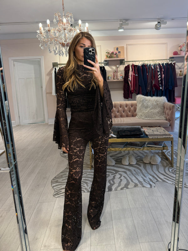 KEISHA LACE TOP AND FLARE TROUSER SET BROWN