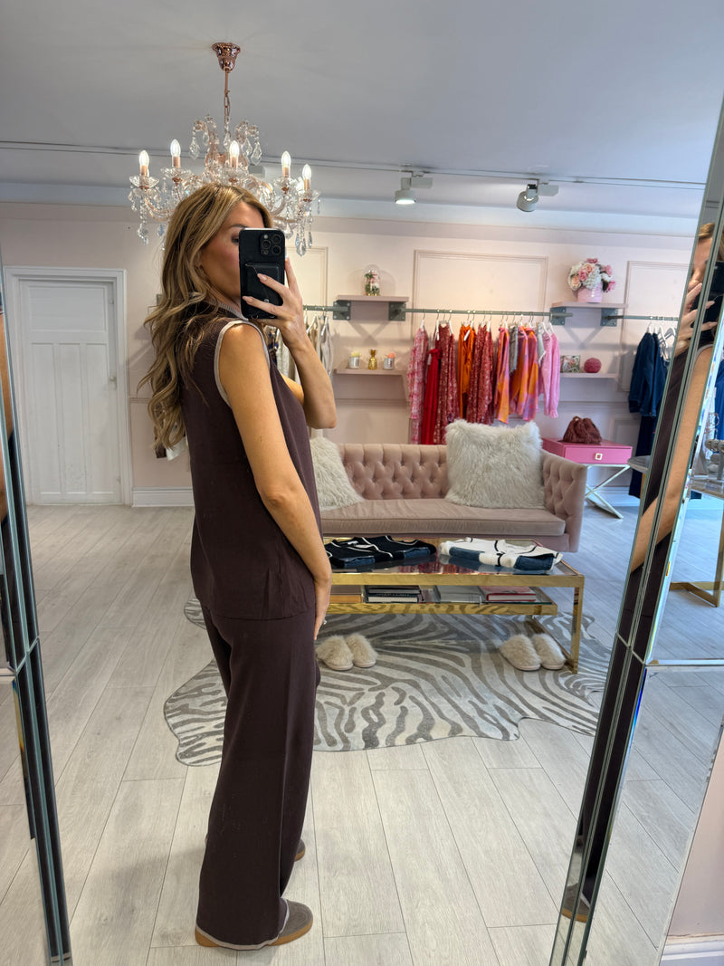 NOLA CONTRAST TRIM KNIT SET BROWN