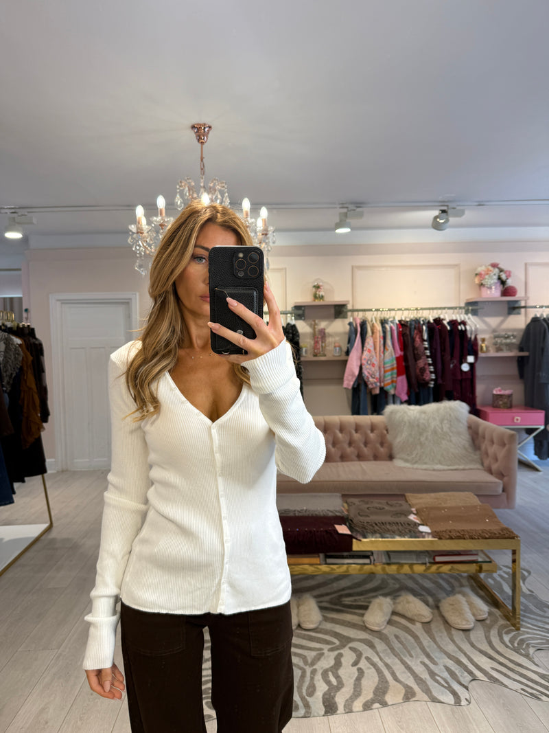 CELIA RIBBED V NECK LONG SLEEVE TOP CREAM
