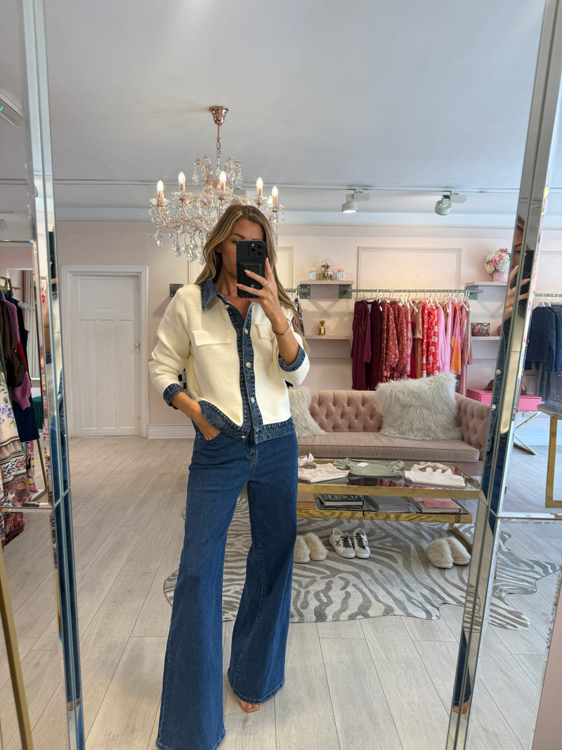 SELINA DENIM TRIM CARDIGAN WHITE