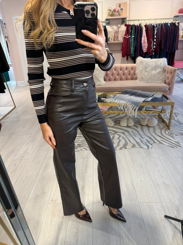 CINDY FAUX LEATHER BELTED TROUSERS BROWN