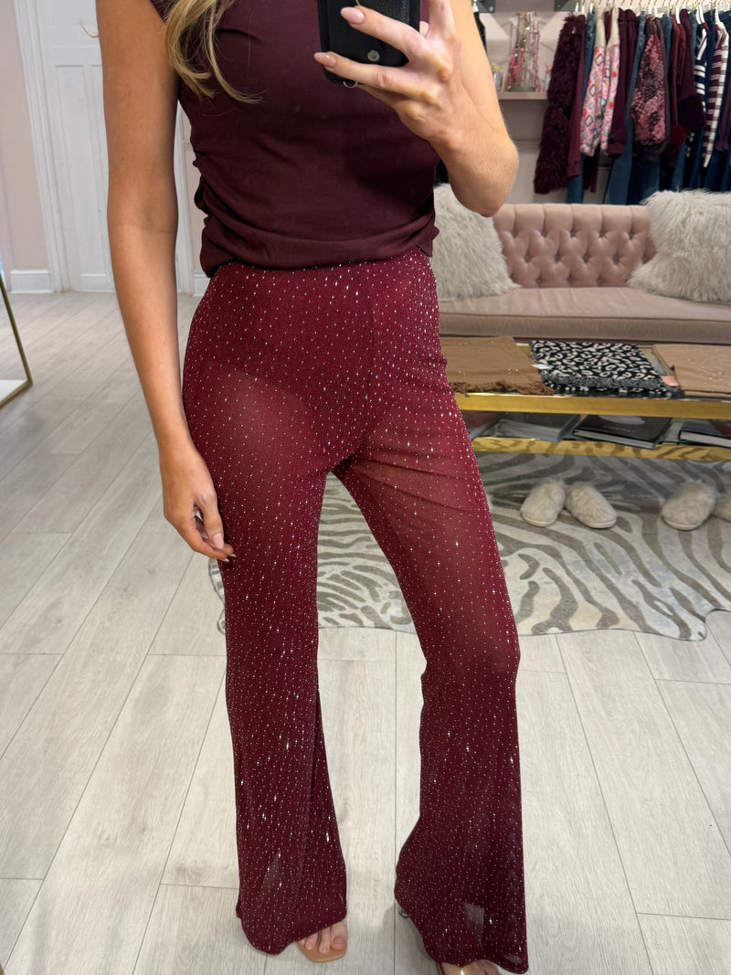 VIVIENNE SPARKLY FLARE TROUSER BURGUNDY