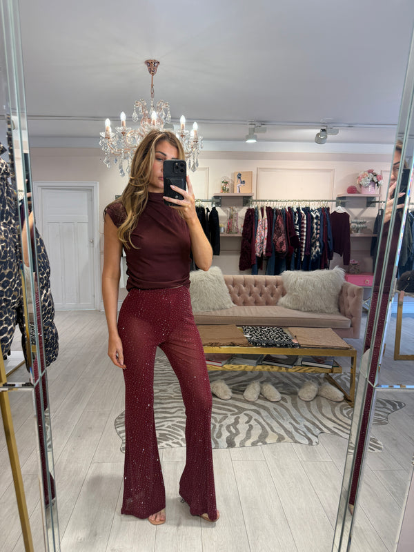 VIVIENNE SPARKLY FLARE TROUSER BURGUNDY