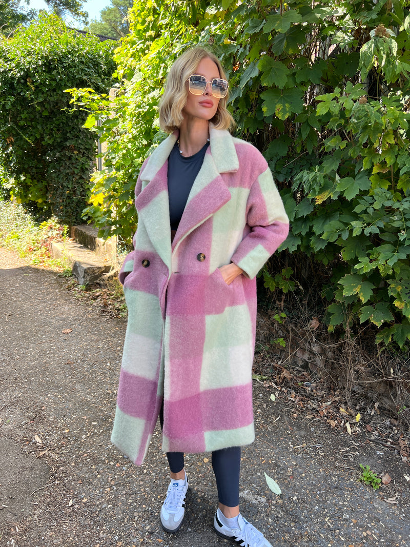 RAE MINT & PINK WOOL BLEND CHEQUERED DUSTER COAT