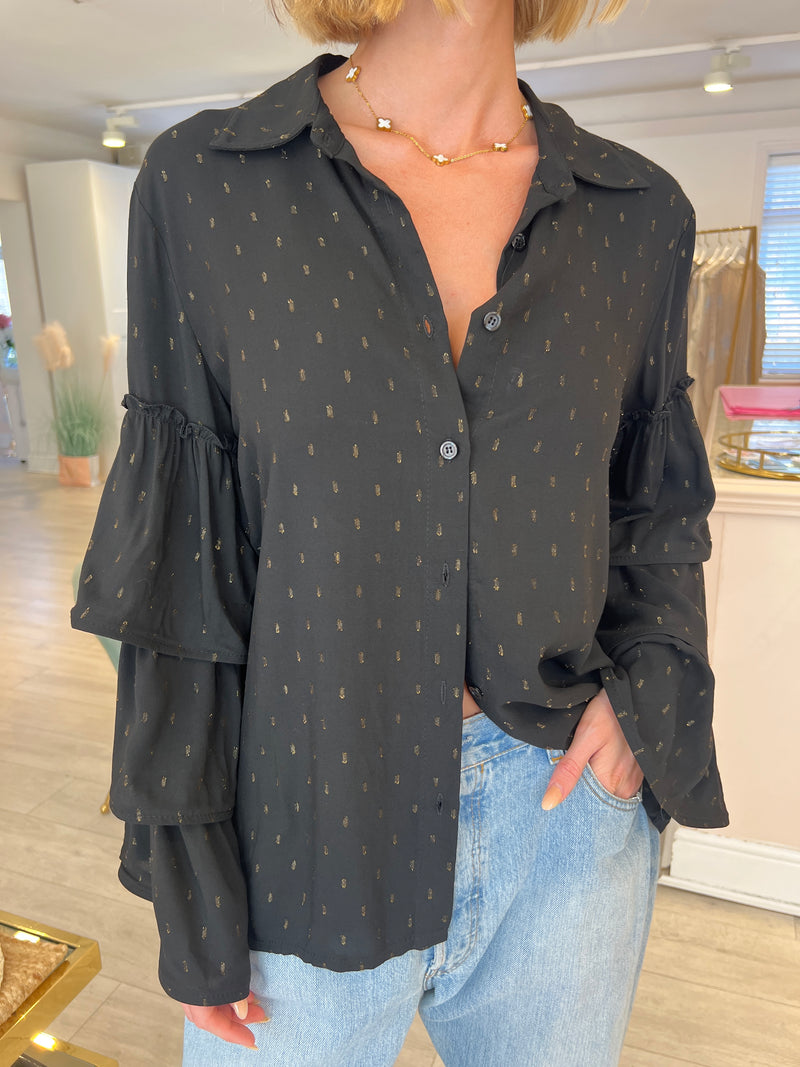 NELLIE LUREX THREAD TIERED SLEEVE BLOUSE IN BLACK