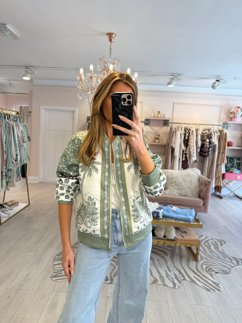 PALM TREE PRINT BOMBER GREEN JACKET
