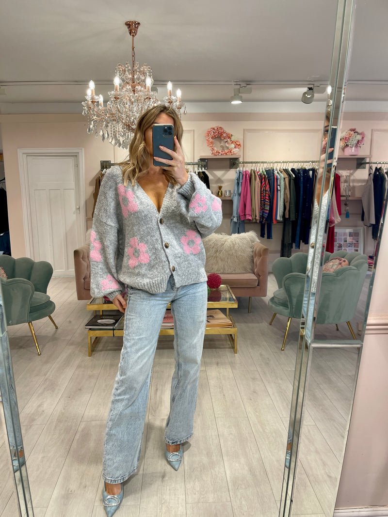 FLOWER PRINT CARDIGAN GREY W/PINK