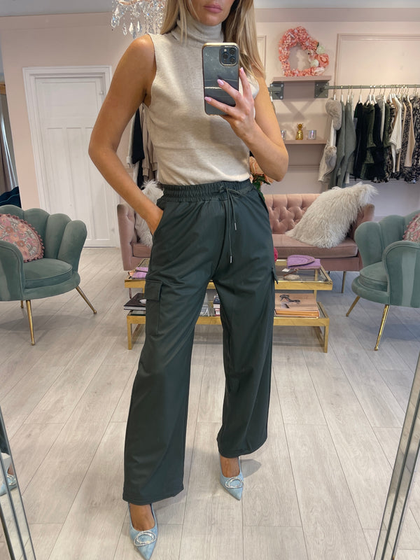 DEMI KHAKI FAUX LEATHER CARGO TROUSER