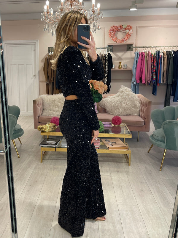 JAZZY BLACK VELVET WIDE LEG SEQUIN TROUSERS