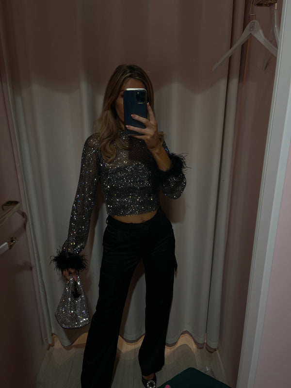 GIGI MESH DIAMANTE FEATHER CUFF TOP