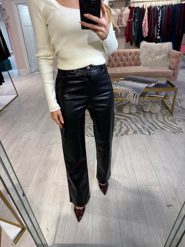 CINDY FAUX LEATHER BELTED TROUSERS BLACK