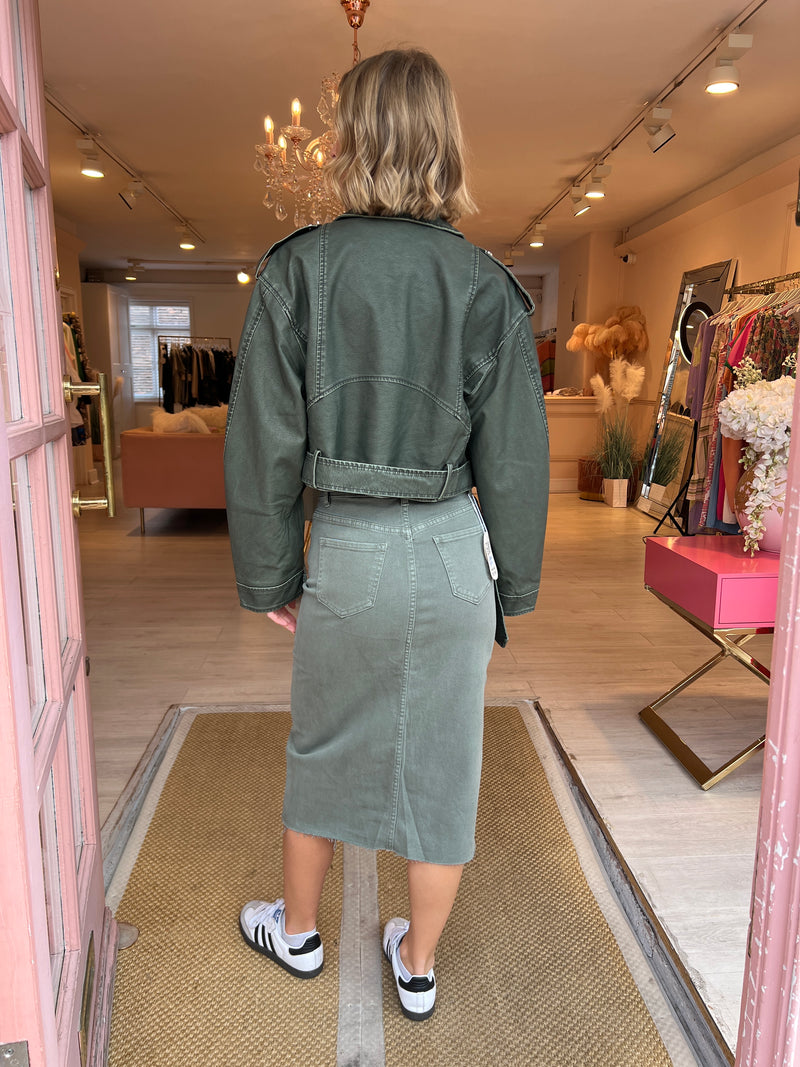 KHAKI DENIM MIDI SKIRT WITH SLIT FRONT DETAIL