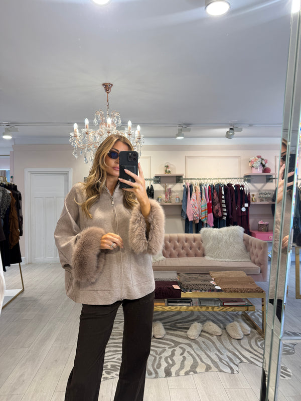 ESTRELLA ZIP THROUGH FUR TRIM CARDIGAN BEIGE
