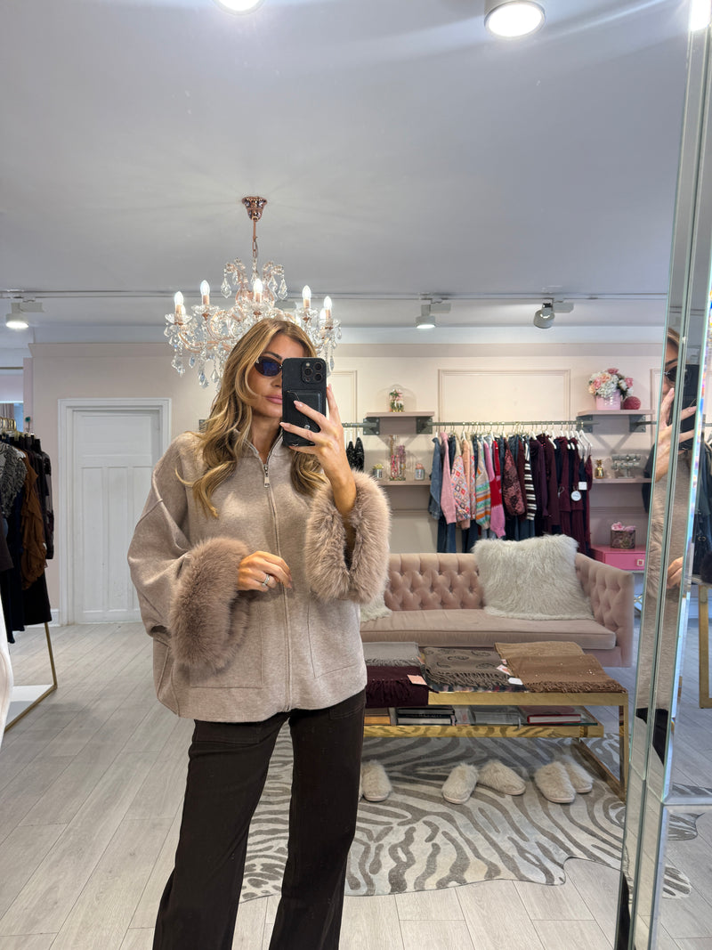 ESTRELLA ZIP THROUGH FUR TRIM CARDIGAN BEIGE