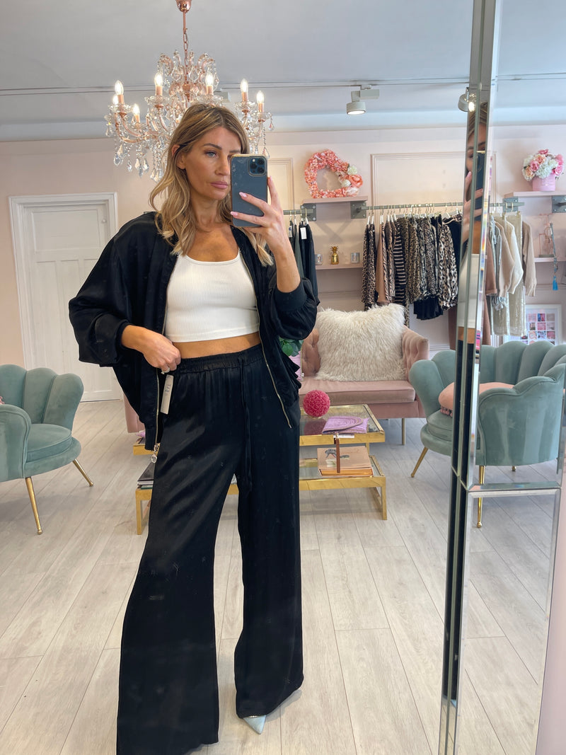 BLACK SATIN ZIP BOMBER JACKET