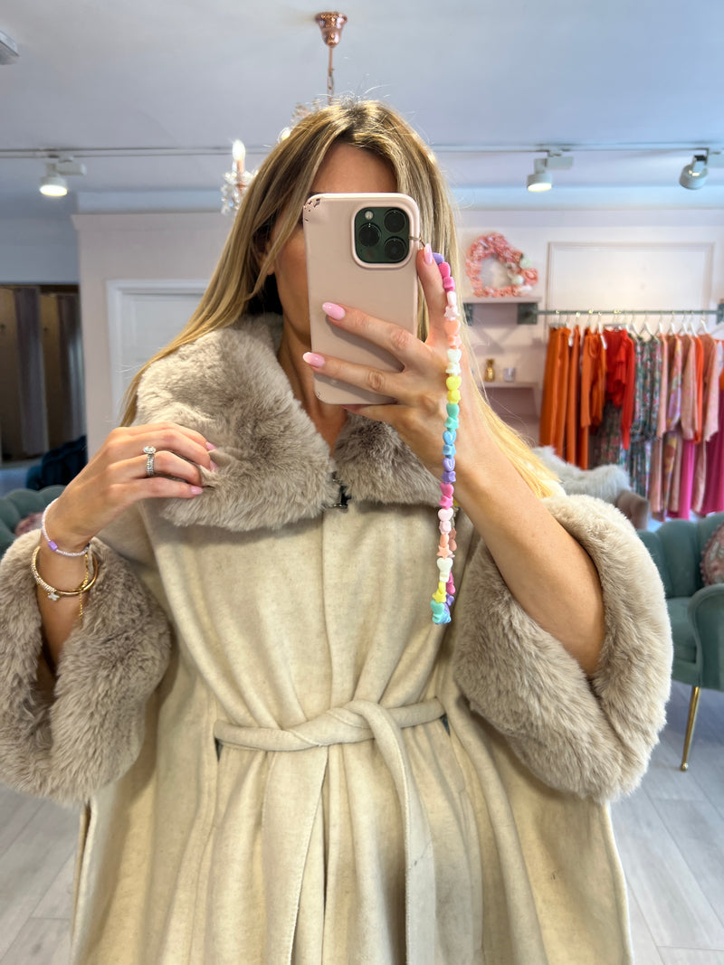 KELLY FAUX FUR TRIM CAPE COAT
