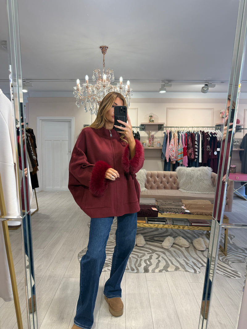 ESTRELLA ZIP THROUGH FUR TRIM CARDIGAN WINE
