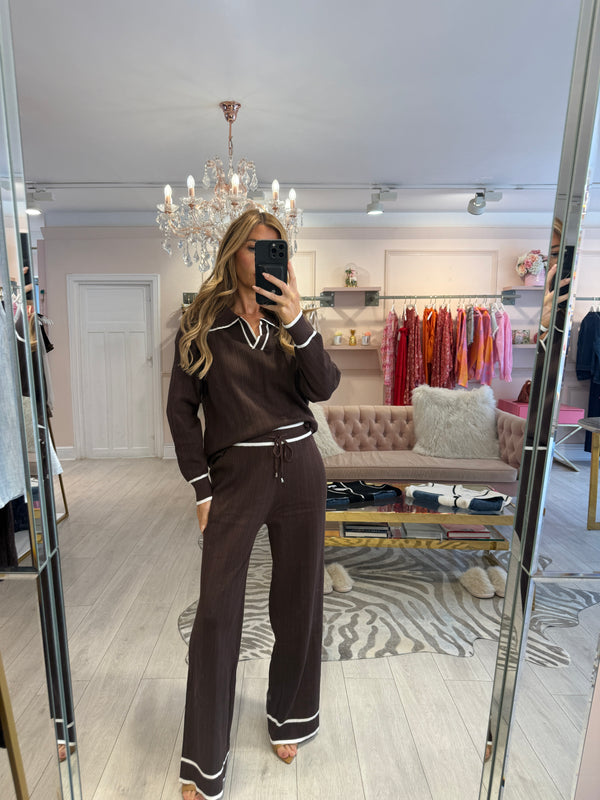 ROBIN CONTRAST TRIM KNIT TROUSER SET BROWN