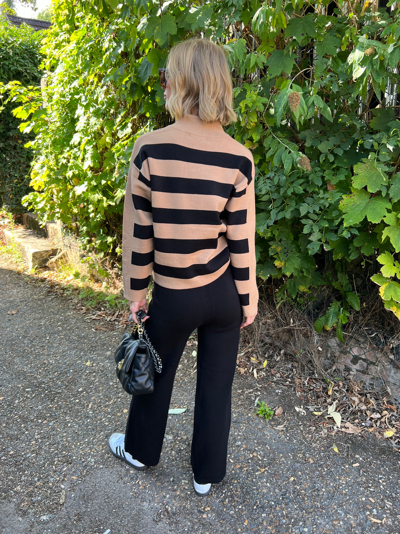 NINA CAMEL BLACK STRIPE KNITTED TROUSER SET