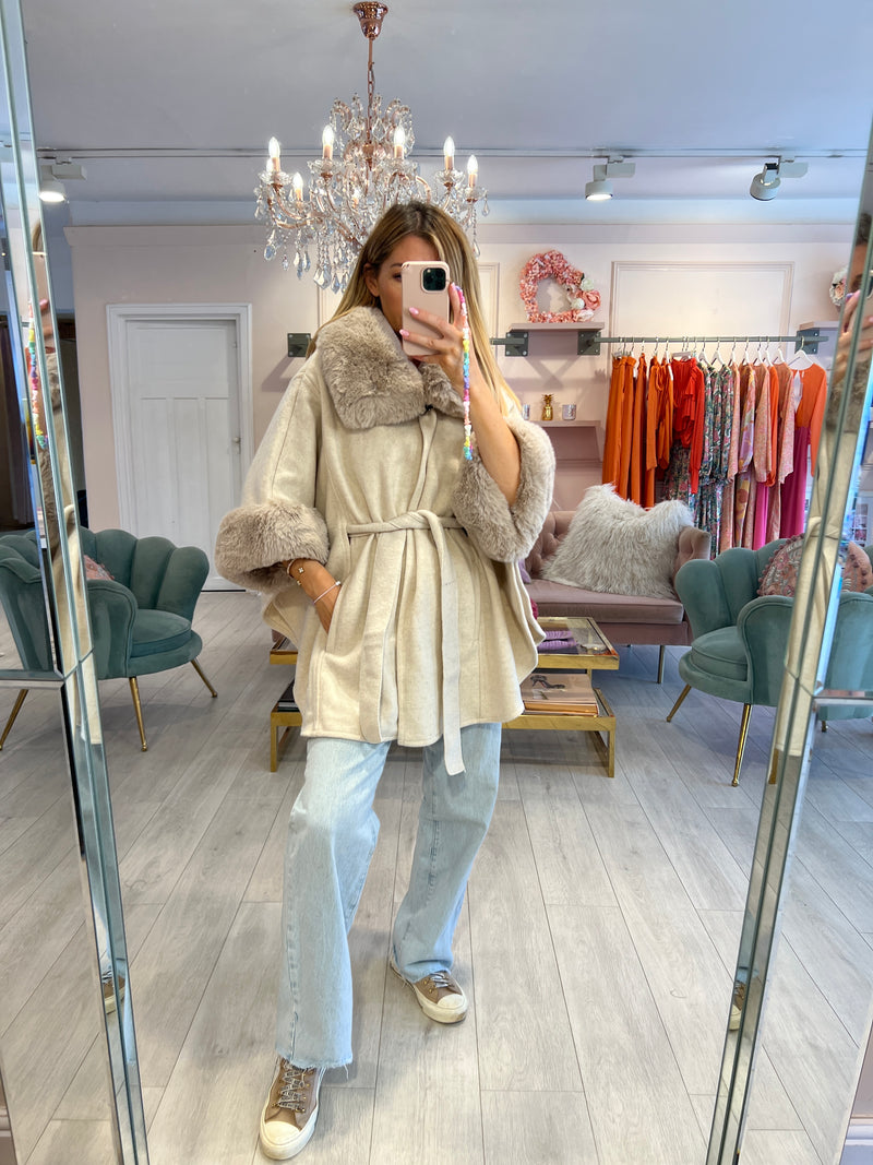 KELLY FAUX FUR TRIM CAPE COAT