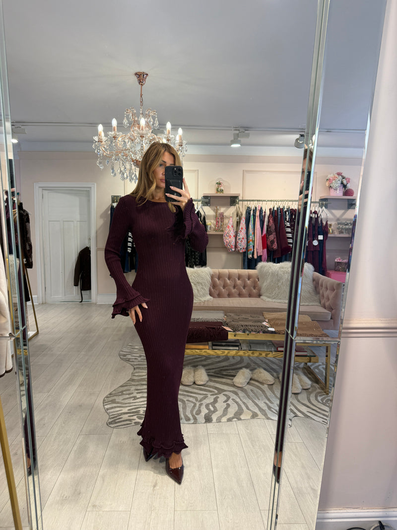 NICCI RIBBED RUFFLE SLEEVE MAXI DRESS PLUM
