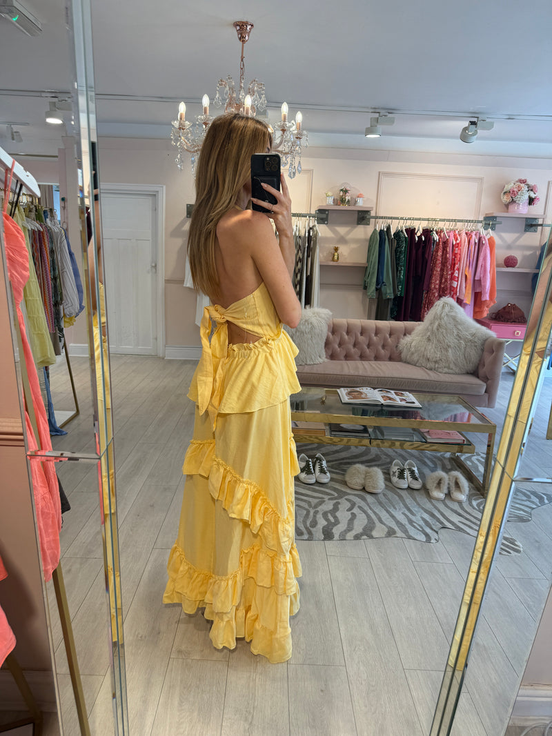 NORA RUFFLE HALTERNECK YELLOW MAXI DRESS