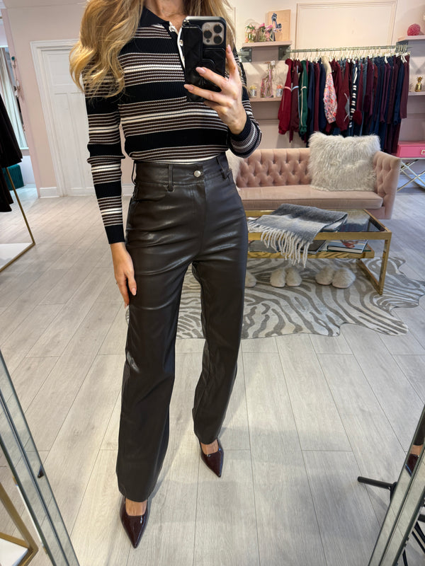 CINDY FAUX LEATHER BELTED TROUSERS BROWN