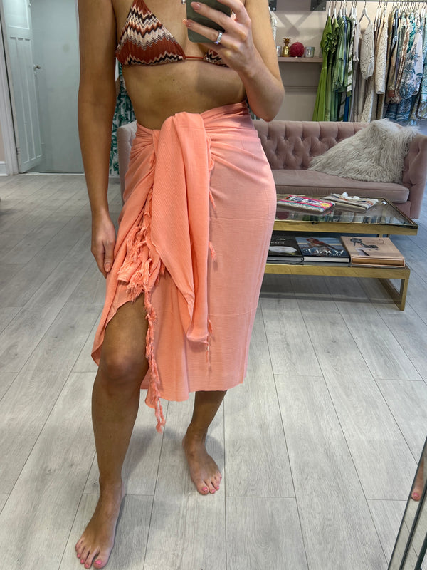 South Beach Peach Crinkle Fringed Midi Sarong