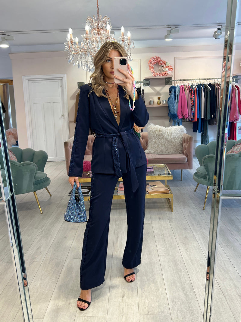 SASHA NAVY SEQUIN PANEL BLAZER & TROUSER SUIT