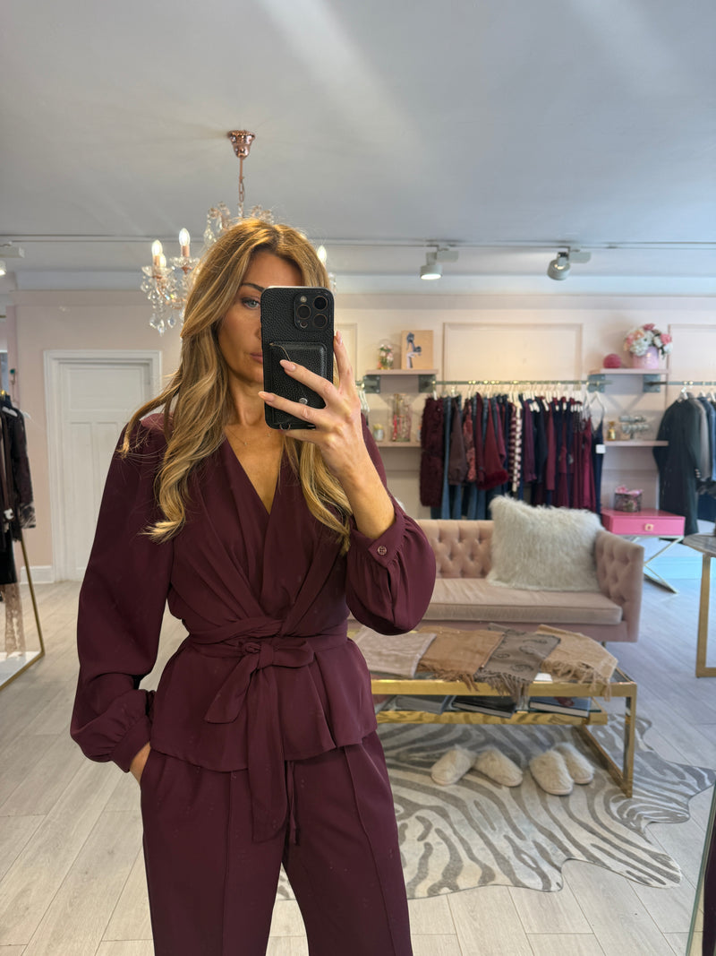 HOPE DRAPE TIE FRONT TROUSER SET BURGUNDY