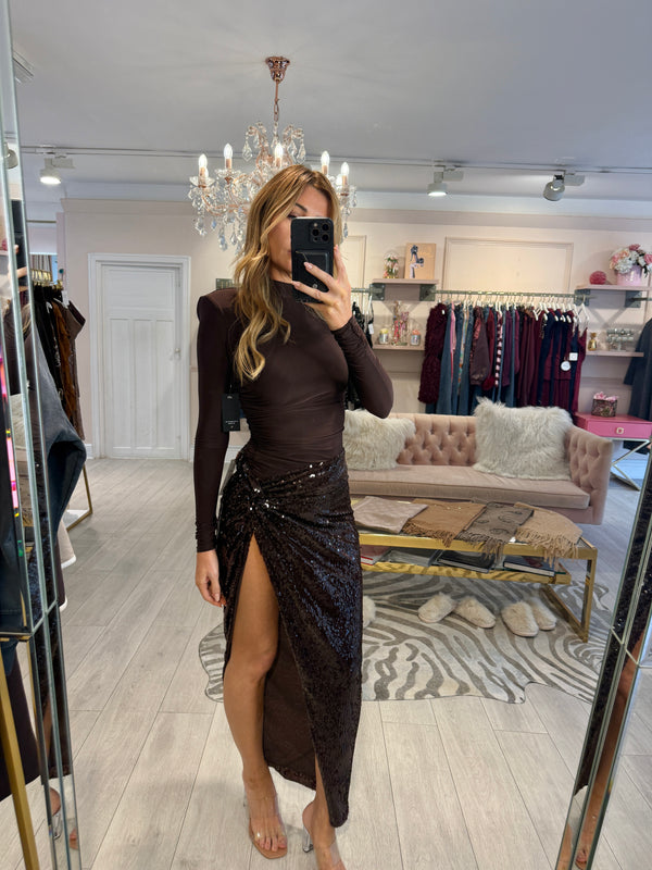 GABRIELLA SIDE SPLIT SEQUIN MAXI SKIRT BROWN