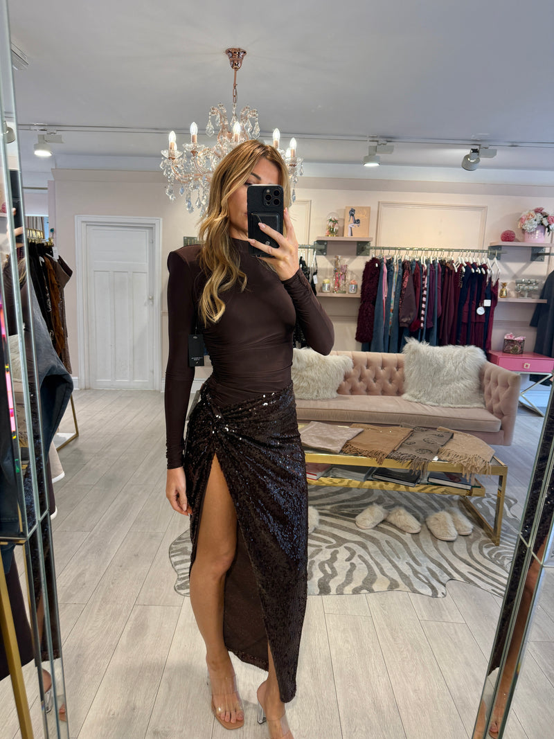 GABRIELLA SIDE SPLIT SEQUIN MAXI SKIRT BROWN