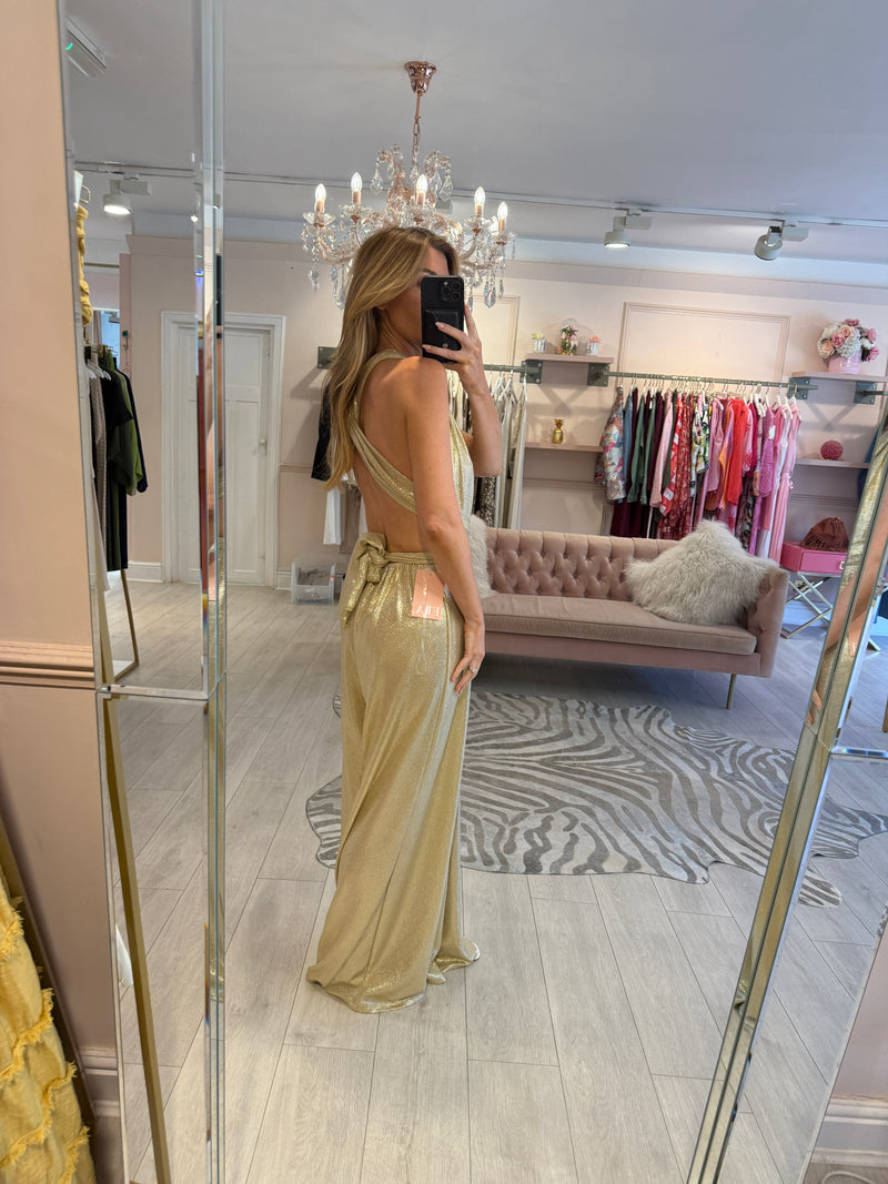 DENIA GOLD HALTER JUMPSUIT