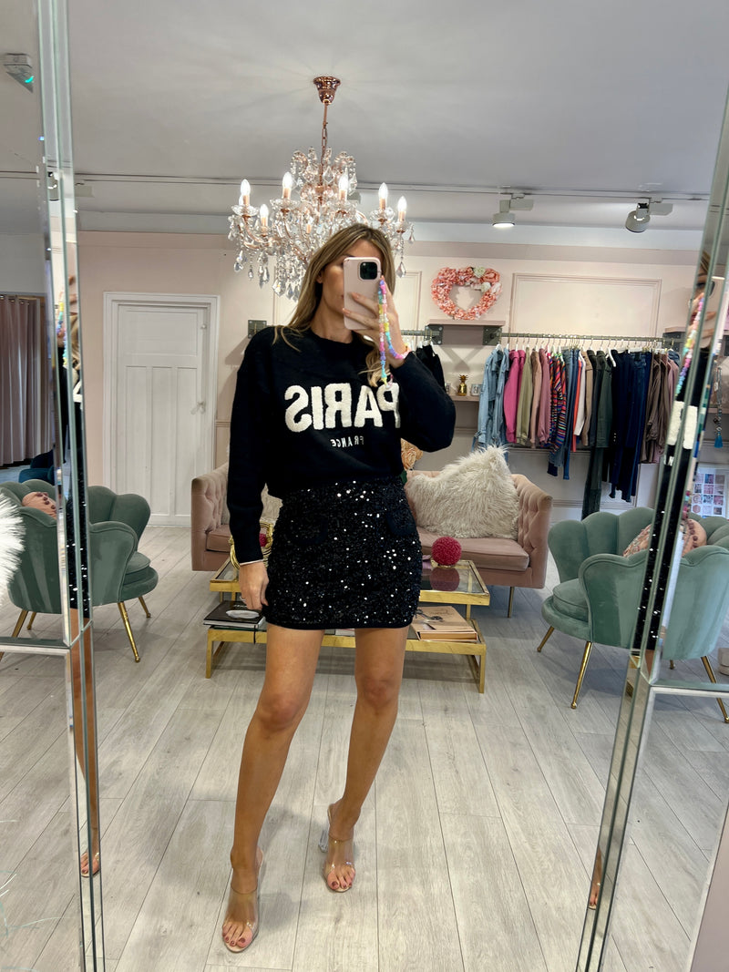 BLACK PARIS SLOGAN KNIT JUMPER
